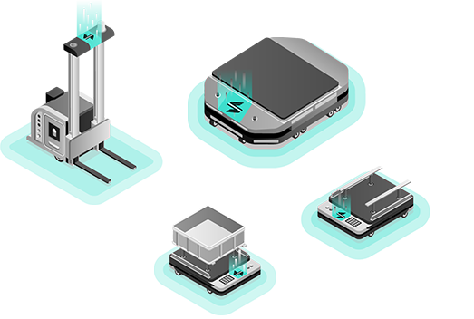 Image of a group of conceptual autonomous mobile robots that are equipped with NODE software.